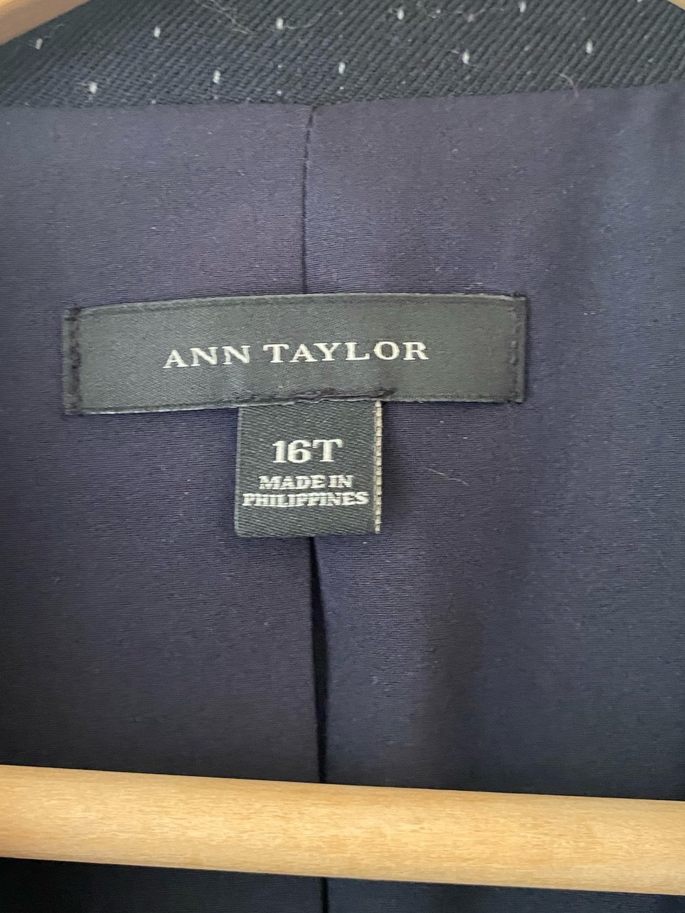Ann Taylor suit jacket blazer black w/ white birdseye dot cropped fitted 16 tall - Picture 2 of 5